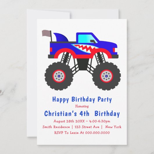 Haai Monster Truck 4de verjaardagsuitnodigingen (Voorkant)