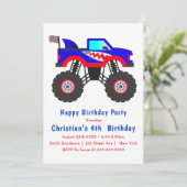 Haai Monster Truck 4de verjaardagsuitnodigingen (Staand voorkant)