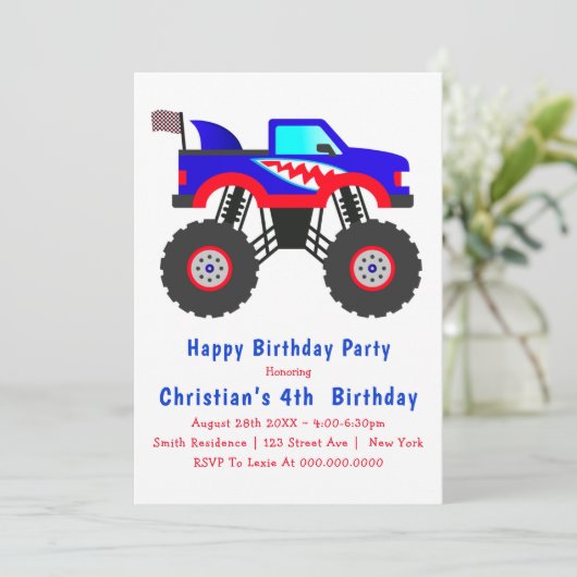 Haai Monster Truck 4de verjaardagsuitnodigingen (Staand voorkant)