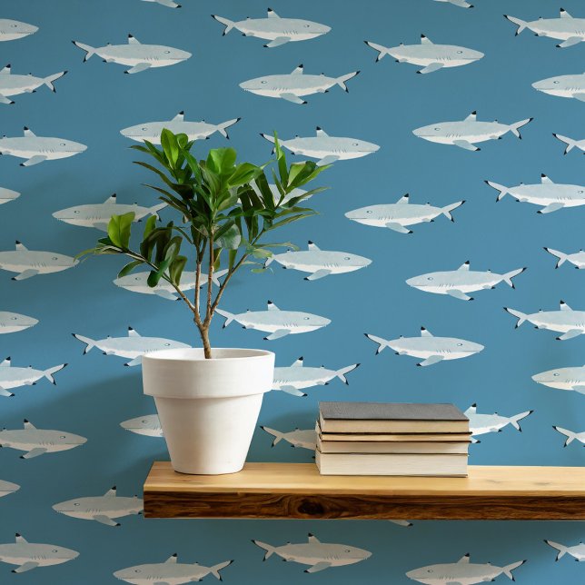 Haai Nautische Blauwgroen Groene Kunst Behang (Fun shark underwater themed teal green nautical wallpaper)