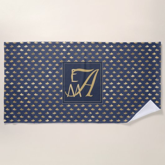 Haai Navy Blauw Goud Monogram Huisdecoratie Nieuwg Strandlaken (Voorkant)