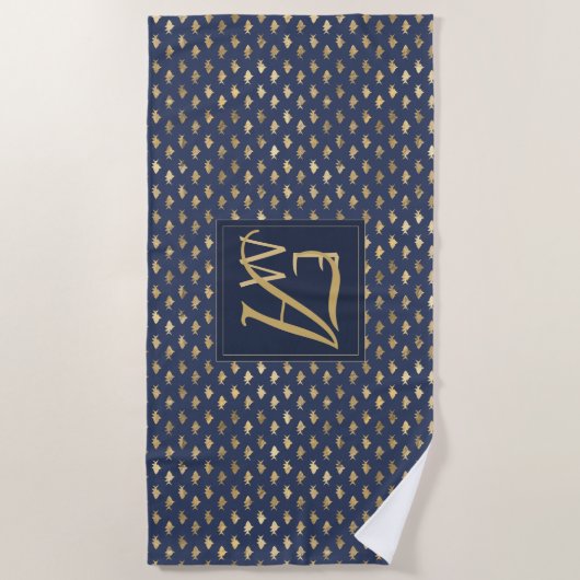 Haai Navy Blauw Goud Monogram Huisdecoratie Nieuwg Strandlaken (Voorkant)