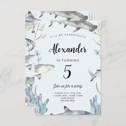 Haai onder het Zee Verjaardagsuitnodiging Kinder Kaart (Voorkant / Achterkant)