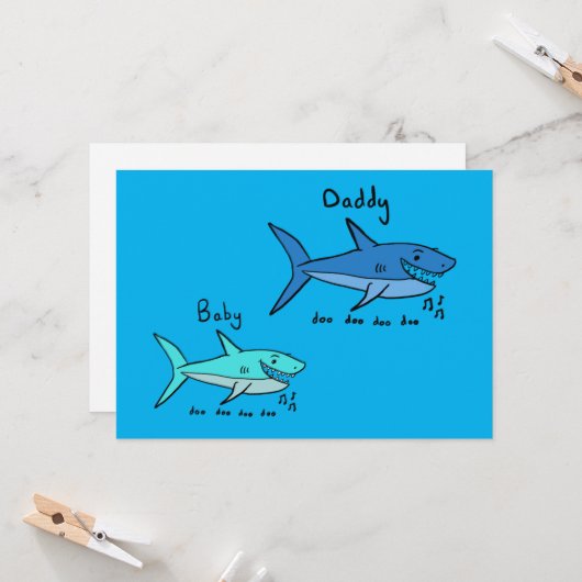 Haai Papa & Baby Haai Blauwe Vaderdag Kaart (Voorkant / Achterkant in situ)
