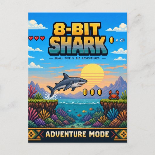 Haai, Retro 8-Bit Pixelkunst Briefkaart (Voorkant)