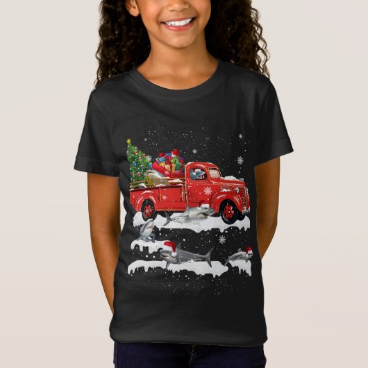 Haai Rijden Rode Vrachtwagen Vrolijk Kerstmis X-ma T-shirt (Voorkant)