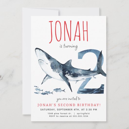 haai tweede verjaardag uitnodiging (Voorkant)