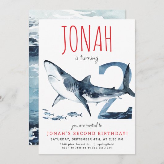 haai tweede verjaardag uitnodiging (Voorkant / Achterkant)