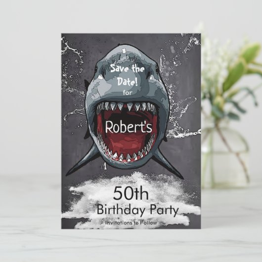 Haai verjaardag Save the Date Shark Attack, (Staand voorkant)
