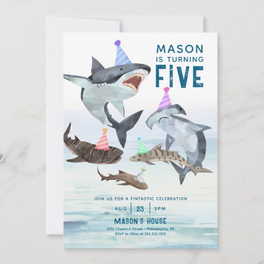 Haai Verjaardag Uitnodiging Pool Party Kids Verjaa (Voorkant)
