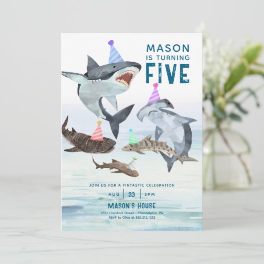 Haai Verjaardag Uitnodiging Pool Party Kids Verjaa (Staand voorkant)