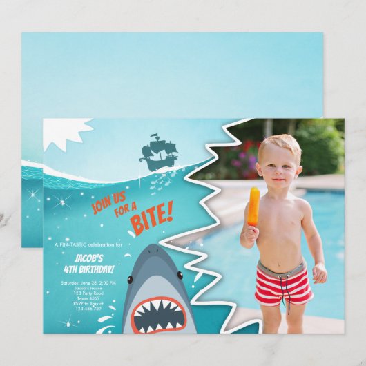 Haai Verjaardag Zwembad party boy Haai Bijt Aas Zw Kaart (Voorkant / Achterkant)