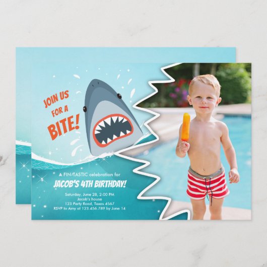 Haai Verjaardag Zwembad party boy Haai Bijt Aas Zw Kaart (Voorkant / Achterkant)