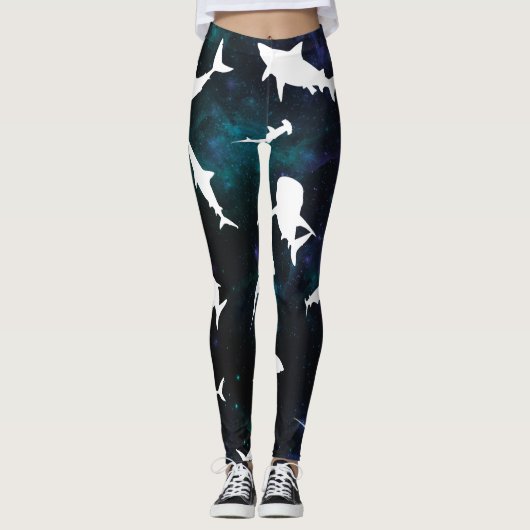 Haai witte schaduw op donkere galaxy Space Leggings (Voorkant)