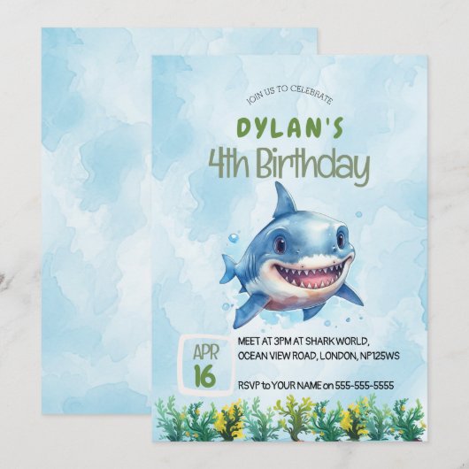 Haaien Aanval Oceaan Uitnodiging Jongens Verjaarda (Voorkant / Achterkant)