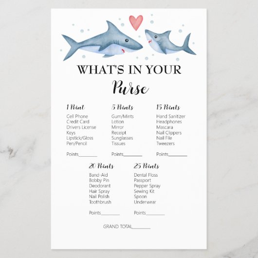 Haaien Baby shower Wat zit er in je Purse Game Flyer (Voorkant)