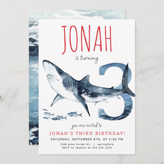 Haaien derde verjaardagsuitnodiging kaart (Voorkant / Achterkant)
