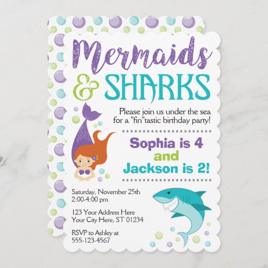 Haaien en zeemeerminningen - uitnodiging op zaterd (Voorkant / Achterkant)