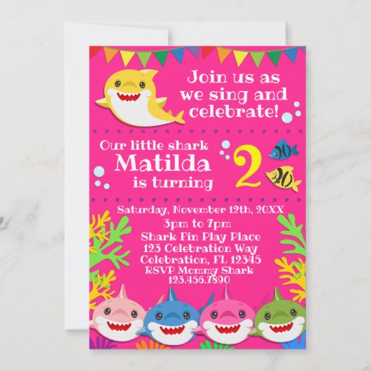 Haaien Roze Verjaardag uitnodiging (Voorkant)