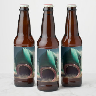 Haaien sculptuur op het strand bier etiket