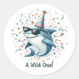 Haaien Thema "Wilde Eén" Verjaardagsfeestje  Ronde Sticker