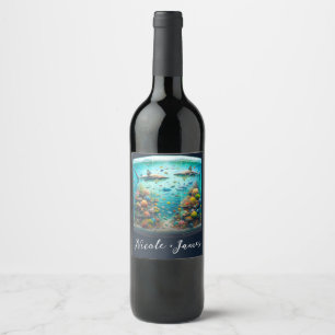 Haaien & Vis Aquatisch Aquarel Aquarium Bruiloft Wijn Etiket