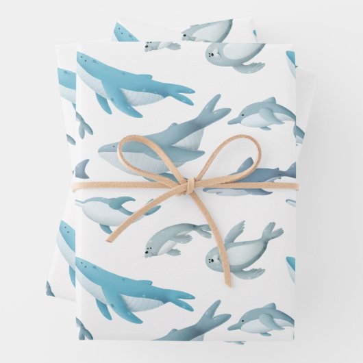 Haaien, walvissen, dolfijnen, zeehonden op wit inpakpapier vel (In situ)