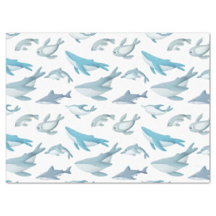 Haaien, walvissen, dolfijnen, zegels op witte ontk tissuepapier