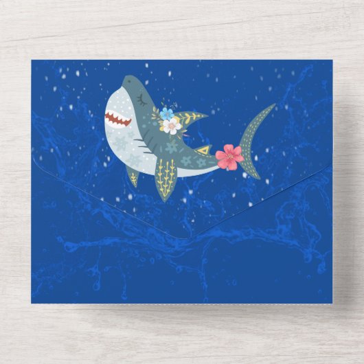 Haaien zwemmen oceaanblauw onder het zee feest all in one uitnodiging (Achterkant)