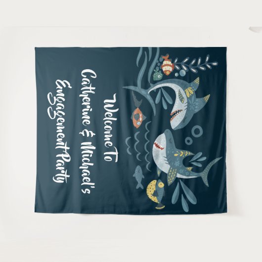 Haaienpaar strand thema verlovingsfeest wandkleed (Voorkant (horizontaal))