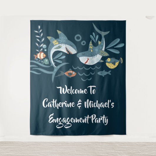 Haaienpaar strand thema verlovingsfeest wandkleed (Voorkant)