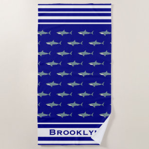 haaienpatroon marine blauw met witte strepen naam  strandlaken