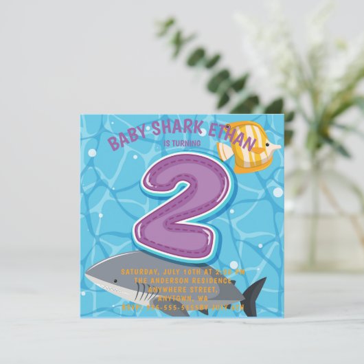 Haaienthema onderwater 2e verjaardagsuitnodiging kaart (Staand voorkant)
