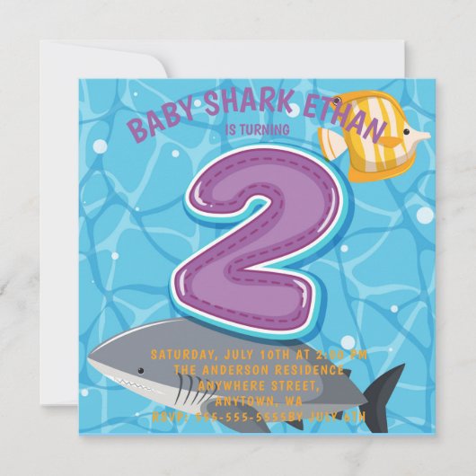 Haaienthema onderwater 2e verjaardagsuitnodiging kaart (Voorkant)
