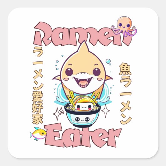 Haaienvis Ramen Eater - Aziatische voedselliefhebb Vierkante Sticker (Voorkant)