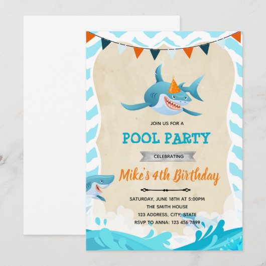 Haaiverjaardagsfeest uitnodiging (Voorkant / Achterkant)