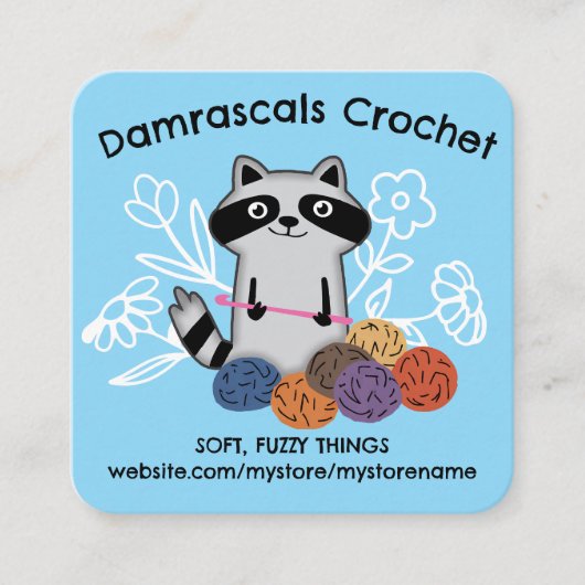 Haak haak ballen van garen schattige wasbeer vierkante visitekaartje (Voorkant)