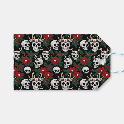 Haak kerstschedels met poinsettia's cadeaulabel (Voorkant (Horizontaal))