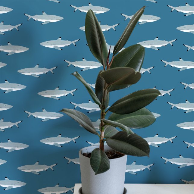 Haaknautisch tealgroen kunstwerk behang (Fun shark underwater themed teal green nautical wallpaper)