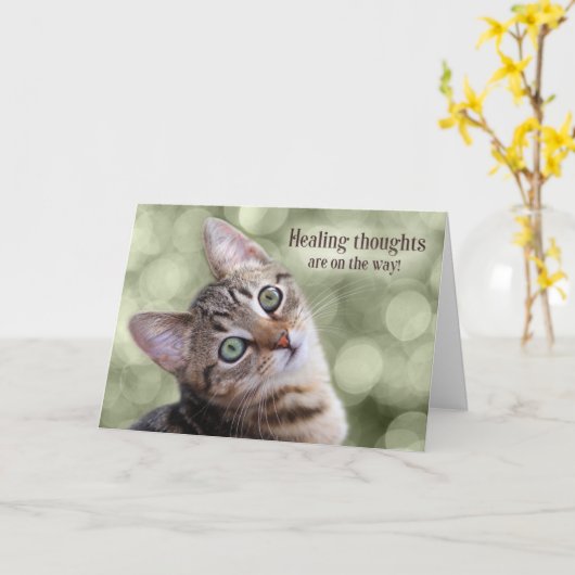 Haal goed Tabby Kitten met Green Bokeh Kaart (Gele Bloem)