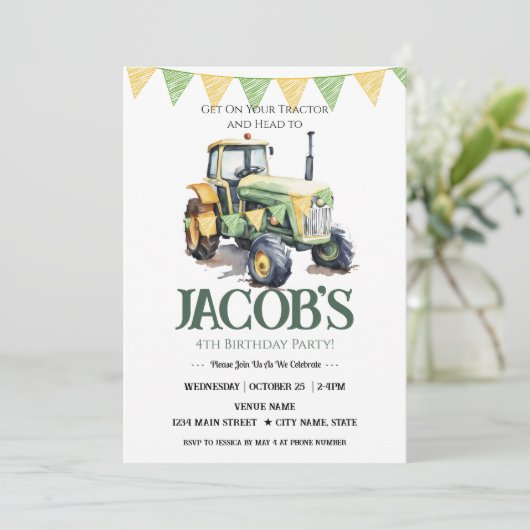 Haal je tractor 4e verjaardag jongen kaart (Staand voorkant)