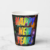 "HAAL NIEUW JAAR!" Rainboogtekst, Fireworks-patroo Papieren Bekers (Achterkant)