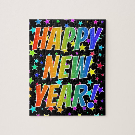 "HAAL NIEUW JAAR!" Rainboogtekst, sterpatroon Legpuzzel (Verticaal)