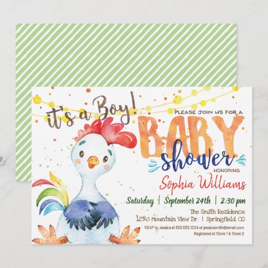 Haan Baby Shower uitnodiging, Jongen, Boerderij Kaart (Voorkant / Achterkant)