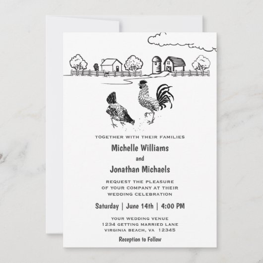 Haan en Kippen Charmant Boerderij Bruiloft Kaart (Voorkant)