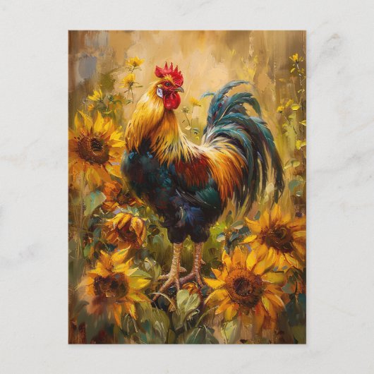 Haan en Zonnebloemen Olieverfschilderij Briefkaart (Voorkant)