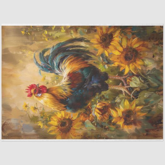 Haan en Zonnebloemen Olieverfschilderij Decoupage Tissuepapier (Voorkant)