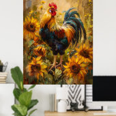 Haan en Zonnebloemen Olieverfschilderij Poster (Thuiskantoor)