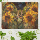 Haan en Zonnebloemen Olieverfschilderij Theedoek (Gevouwen)