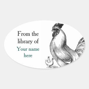  haan illustratie bookplate ovale sticker